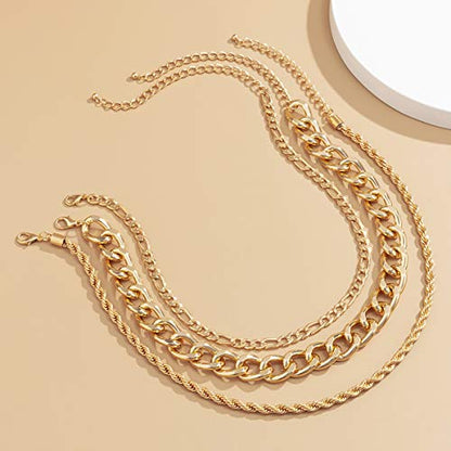 Aimimier 3Pcs Punk Cuban Link Chain Choker Necklace Twist Rope Necklace Chunky Figaro Chain Prom Party Festival Accessory for Women - color: Gold