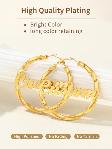 FindChic Twisted Hoop Earrings for Women, Silver/Black/14K Gold Plated Hypoallergenic Hollow Tube Rounded Loop Earrings, 30mm/40mm/60mm/80mm Hoops with Custom Name Options and Gift Box - color: f.Gold (Custom Name), size: 60MM