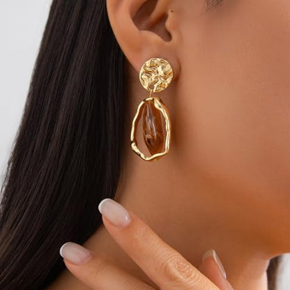 Irregular Crystal Dangle Earrings for Women Gold Textured Gemstone Earrings Geometric Acrylic Stud Earring Jewelry Gift - color: Brown