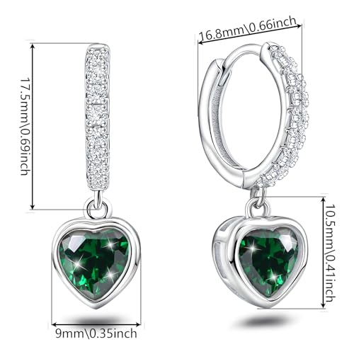 Heart Hoop Earrings with Dangle Sterling Silver Love Heart-Shaped Loop Earrings for Women Hypoallergenic Sparkle Birthstone Cubic Zirconia Hoop Earring with Dangling Charms Dainty Fashion Jewelry Gift - color: Green