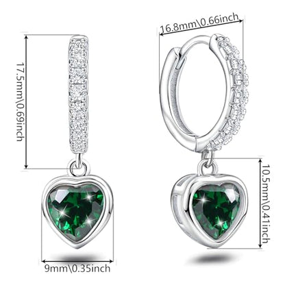 Heart Hoop Earrings with Dangle Sterling Silver Love Heart-Shaped Loop Earrings for Women Hypoallergenic Sparkle Birthstone Cubic Zirconia Hoop Earring with Dangling Charms Dainty Fashion Jewelry Gift - color: Green