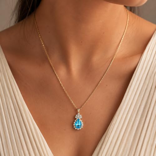 Blue Crystal Jewelry Set for Women, Teardrop Pendant Necklace Earrings Ring Set with Rhinestones, Gold Tone Bridal Jewelry Gift for Party Wedding