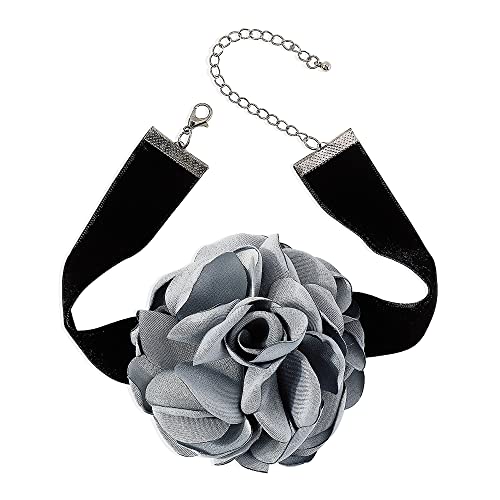 Dtja Vintage Rose Flower Choker Necklace for Women Gothic Black Velvet Ribbon Camellia Blossom Charm Chain Adjustable Comfort Fit Retro Wedding Holiday Costume Party Jewelry - color: Haze Blue