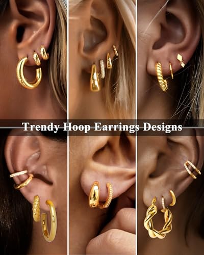 Adoyi 9 Pairs Gold Hoop Earrings Set for Womens Twisted Huggie Hoops Earrings 14K 18K Gold Plated for Girls Valentines Mother's Day Birthday Gifts Lightweight - color: 18K Gold Plated