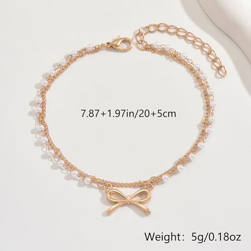Nojess Gold Bow Anklet Bracelets for Women Layered Faux Pearl Bow Ankle Adjustable Summer Beach Foot Jewelry for Vacation Gift
