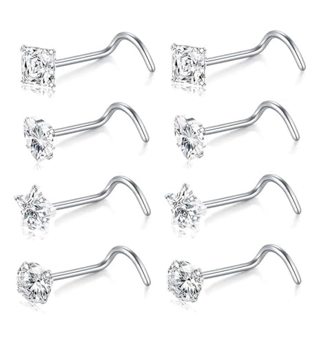 SEEDRILL 8Pcs 20G Nose Rings studs for Woman Hypoallergenic Nose Studs 316L Surgical Steel with Gold Plated Nose Piercings Jewelry 3mm CZ L Shape Nose Rings 20 Gauge Nose Stud Nose Screw Studs - style: 8Pcs/20G/3mm CZ/Screw Shape/Silver