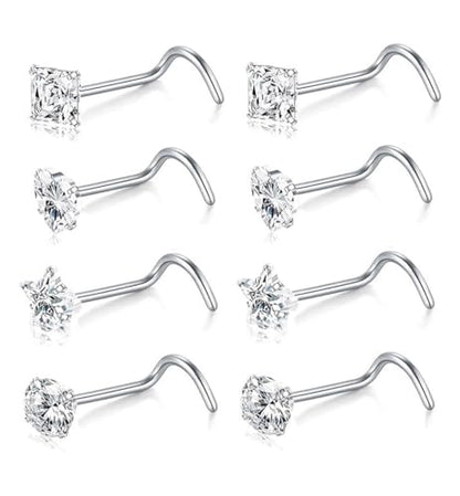 SEEDRILL 8Pcs 20G Nose Rings studs for Woman Hypoallergenic Nose Studs 316L Surgical Steel with Gold Plated Nose Piercings Jewelry 3mm CZ L Shape Nose Rings 20 Gauge Nose Stud Nose Screw Studs - style: 8Pcs/20G/3mm CZ/Screw Shape/Silver