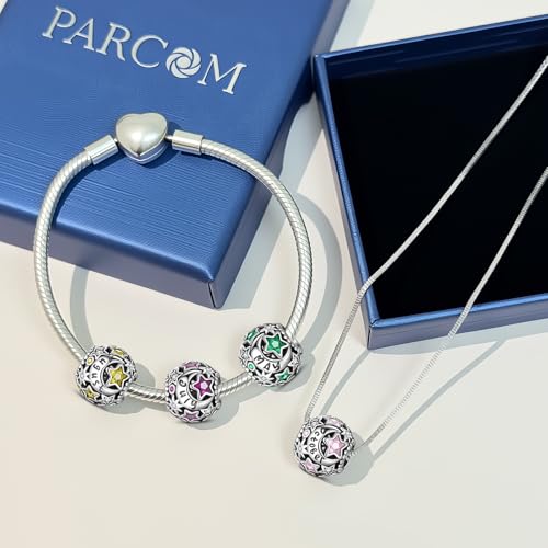 925 Sterling Silver Birthstone Star & Moon Bead Charms with Cubic Zirconia | 12 Months Birthstones, Compatible with Pandora & European Bead Charms Bracelets,Celestial Birthday Jewelry Gift for Women - color: February Purple Birthstone Charm