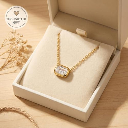Gold Plated Emerald Cut Birthstone Necklace for Women - Horizontal East West Bar Pendant, Minimalist Everyday Jewelry, Birthday Gift for Her