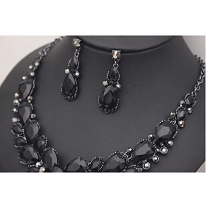 Women's Wedding Bridal Austrian Crystal Glass Teardrop Statement Necklace Dangle Earrings Bracelet Ring Wedding Party Jewelry Set for Bridal Bridesmaid - color: All Black-Jet