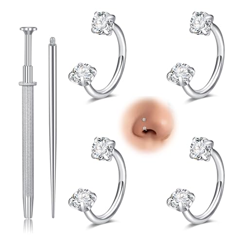 Longita 20g Nose Rings Hoop L Shape Nose Studs Stainless Steel Nose Screw Bone Flat Top Diamond Opal Heart High Nostril Piercing Jewelry Silver Rose Gold Black Pack for Women Men - color: C3- Horseshoe Ring 18g 8mm- silver 4pcs
