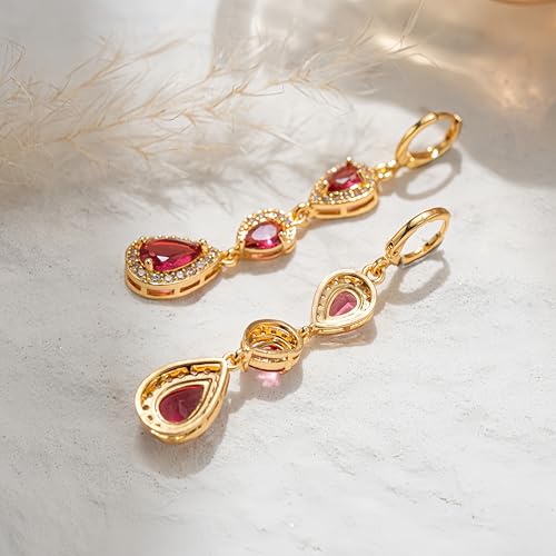 18K Gold Plated Flower Dangle Earrings for Women, Hypoallergenic Cubic Zirconia Earrings, Elegant CZ Drop Earrings, Statement Jewelry Gifts Party Fashion - style: OBS0354-Red