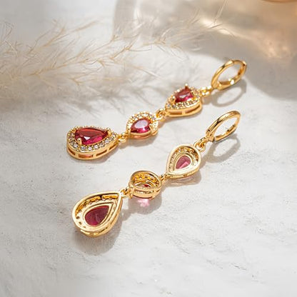 18K Gold Plated Flower Dangle Earrings for Women, Hypoallergenic Cubic Zirconia Earrings, Elegant CZ Drop Earrings, Statement Jewelry Gifts Party Fashion - style: OBS0354-Red