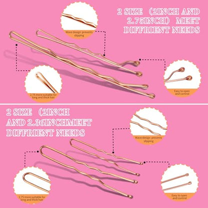 Teenitor 300pcs Bobby Pins Rose Gold Hair, 100 Bobby Pins 100 Hair Pins for Women 100 Hair Bands Kit, Hair Pins for Buns 2" 2.36" 2.75" Rose Gold - color: Rose Gold
