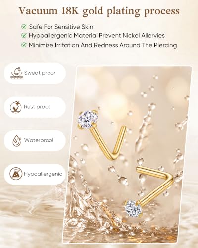 8Pcs 20G Gold/Silver 316L Surgical Stainless Steel L Shaped Corkscrew Nose Studs earrings, Hypoallergenic Nickel Free Tiny Clear Cubic Zirconia Nose Piercing Jewelry 2mm‑4mm,cartilage piercings, Minimalist Dainty Body Piercing Accessories for Sensitive Sk