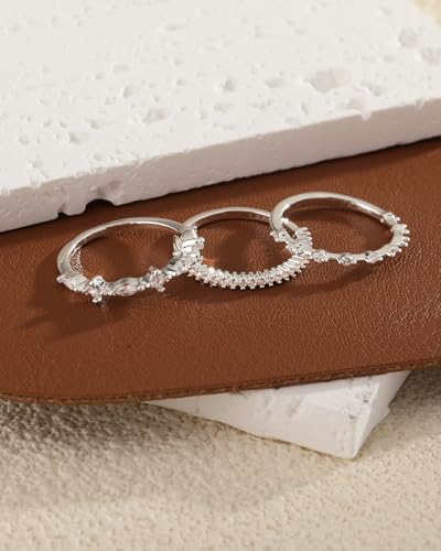 FUNEIA Stackable Silver Gold Rings for Women Non Tarnish 14K Gold Plated Thumb Cubic Zirconia Rings for Women Dainty Pinky Promise Wedding Ring Set Women's Engagement Eternity Band Rings Gold Jewelry - color: C-Silver Stackable Rings
