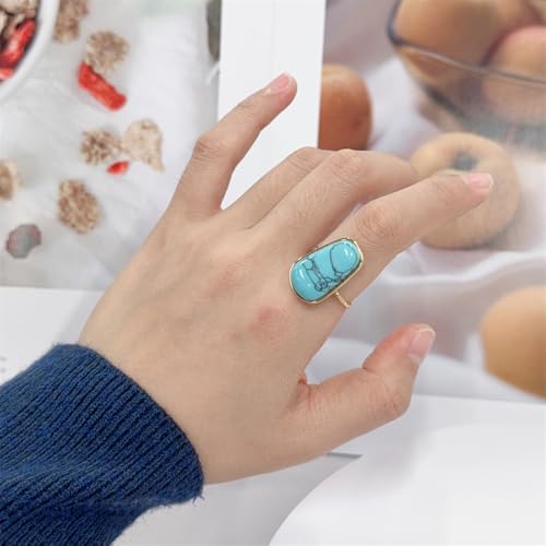 OIDIMS Gemstone Statement Ring for Women Gold-Tone Stainless Steel Natural Stone Rose Quartz Aventurine Turquoise Adjustable Open Band Stacking Finger Rings Boho Cocktail Wedding Party Jewelry - color: Turquoise