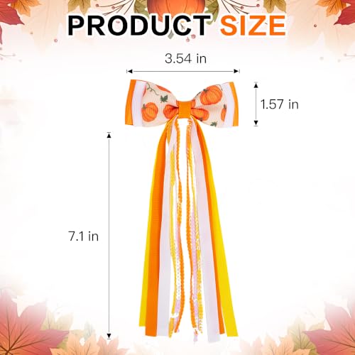 2PCS Fall Hair Bows with Long Streamers 3.54 Inch Hair Clips | Handmade Grosgrain Ribbon, Sparkling Sequin, 7.1 Inch Tail, for Ponytails, Thanksgiving Halloween Holiday Hair Accessories - color: Pumpkin