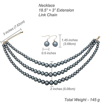 Fashion 21 Women's Faux Pearl Three Multi-Strand Statement Necklace and Earrings Set - color: Dark Grey