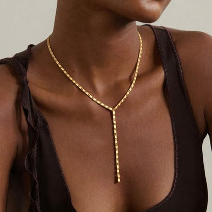 14K Gold Plated Layered Lariat Necklace for Women - Waterproof Non-Tarnish Dainty Gold Chain Necklace, Long Boho Statement Jewelry for Wedding, Prom, Summer Vacation Gifts - color: Y Necklace-Gold