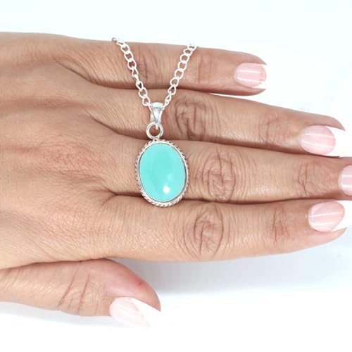 Chunky Natural Gemstone Pendant Necklace For Women Onyx, Turquoise, Amber, Garnet Oval Boho Genuine 925 Sterling Silver Handmade Jewelry - color: Aqua Chalcedony