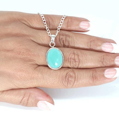 Chunky Natural Gemstone Pendant Necklace For Women Onyx, Turquoise, Amber, Garnet Oval Boho Genuine 925 Sterling Silver Handmade Jewelry - color: Aqua Chalcedony
