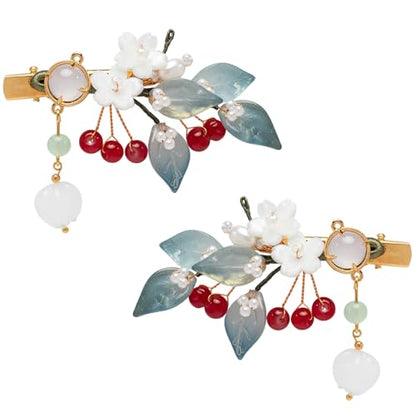 A Pair Wedding Hair Clips, Handmade Floral Design Crystal Hair Clips Pearl Barrettes, Rhinestones Flower Clips Pearl Headpieces Hair Pins Hair Accessories for Women Girls (Blue&Red) - color: Blue&Red