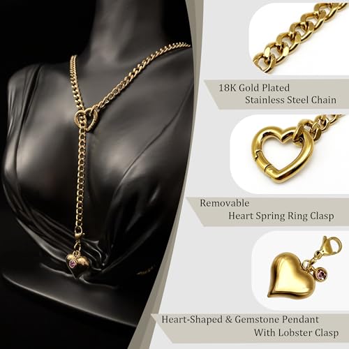 Heart Layer Pendant Necklace for Women, Adjustable Slip Chain with Colorful Gemstone & Heart Clasp - color: Gold-Purple