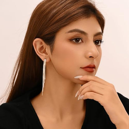Long Dangle Earrings for Women, Tassel Chain Drop Threader Earrings | 18K Gold Plated, 925 Sterling Silver Posts, Set with cubic zirconia, Hypoallergenic, Non Tarnish, Lightweight, Red Gift Box - color: Silver