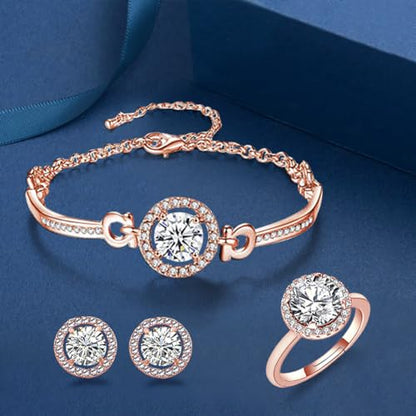 Women 4Pieces Cubic Zirconia Jewellery Set Rhinestone Necklace Earrings Bracelet Ring - color: Rose Gold