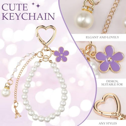 Sureio 5 Pcs Bag Extender Chain Pearl Purse Chain Ribbon Bow Keychain Extender Bag Strap Purse Charms Accessories for Handbag - color: Purple and Gold