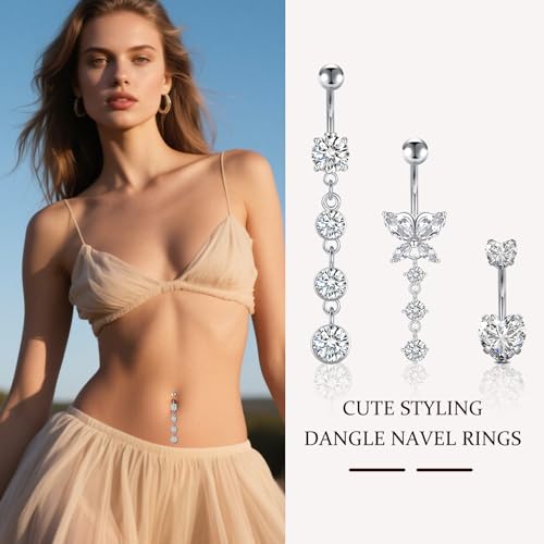 D.Bella Belly Rings for Women Belly Button Piercing Clicker Belly Button Ring Belly Button Rings Dangling 14G Surgical Steel CZ Butterfly Dangle Belly Piercing Jewelry Silver Rose Gold - color: B -silver