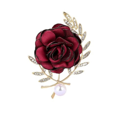 Handmade Elegant Red Rose Flower Brooch Pin for Women Crystal Pearl Fabric Flower Lapel Pin Dress Suit Accessories - color: Red A