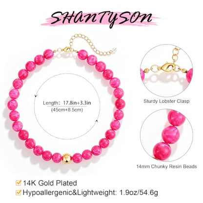 Colorful Chunky Beaded Necklaces for Women Multicolor Large Round Resin Beads Collar Necklace Boho Trendy Statement Chokers Y2K Summer Beach Jewelry - color: Hot Pink