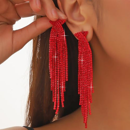 Rhinestone Earrings Prom Earrings for Women Sparkly Long Tassel Chandelier Drop Statement Earring Jewerly Gifts Wedding Party Prom Dresses Accessories - color: B3:red