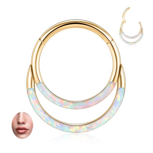 GAGABODY Septum Jewelry 16 Gauge Earrings Double Hoop Daith Earring Surgical Steel Hinged Nose Rings Nose Hoop Helix Tragus Rook Piercing - color: Style6:1pc Gold+White Opal Double Hoop