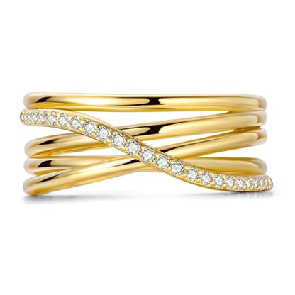Hapour 925 Sterling Silver Rings for Women Firefly Ring, Glow in the Dark | Sun Moon Star Band Ring Rainbow Evil Eye Chunky Heart Thumb Pinky Stackable Dainty Ring, 14K Gold Plated, Cubic Zirconia - color: Gold Layered Intertwined, size: 6