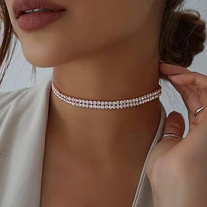 HERIER Tennis Necklace for Women 14K Gold Plated or Silver Rhinestone Choker Necklaces Dainty Zirconia Cut Faux Diamond chain 3mm - color: Silver-2 row tennis