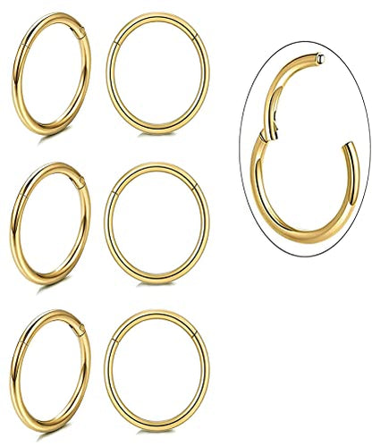 Unisex Dainty Tiny 18k Real Gold Plating Cartilage Huggie Hoop Earrings, 16G Surgical Steel Small Endless Hinged Hoops Earring for Earlobe Cartilage Helix Rook Daith Conch Nose Lip Body Piercing Jewelry - color: Gold 6mm