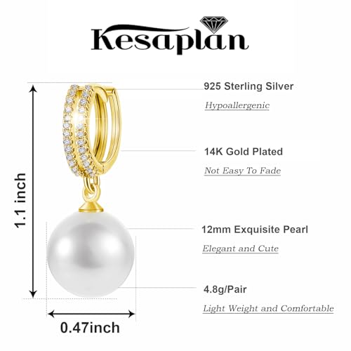 Pearl Earrings for Women 14K Gold Plated Hypoallergenic Pearl Earrings 5A Cubic Zirconia Dangle Earrings Elegant Jewelry - color: 4-Gold