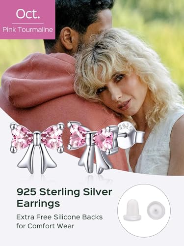 ChicSilver 925 Sterling Silver Bow/Butterfly Earrings for Women Hypoallergenic Birthstone Earrings Dainty Bow/Butterfly Jewelry Gift for Women - color: Bow-October-Tourmaline