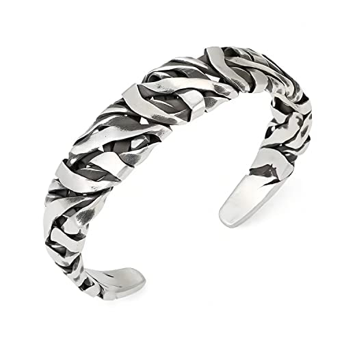 Innocence S925 Silver-Plated Antique Wide Feather Cuff Bracelet For Men Women Adjustable Retro Twisted Feathers Bracelets Gift Jewelry - color: Wide Braid