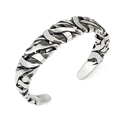 Innocence S925 Silver-Plated Antique Wide Feather Cuff Bracelet For Men Women Adjustable Retro Twisted Feathers Bracelets Gift Jewelry - color: Wide Braid