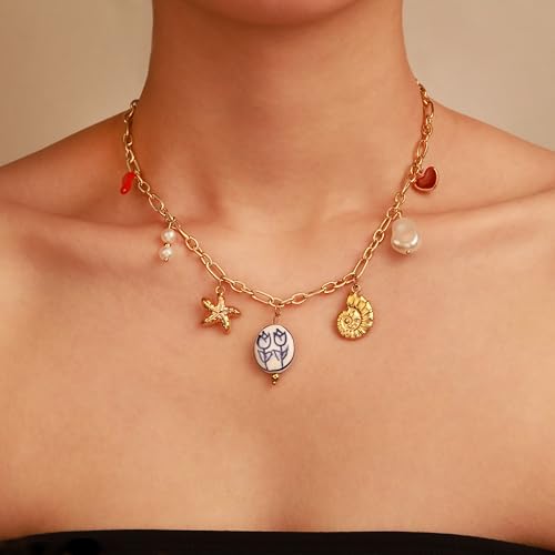 2 PCs Gold Plated Necklace Set for Women - Non Tarnish Jewelry Gift with Fashion Design - style: Charm