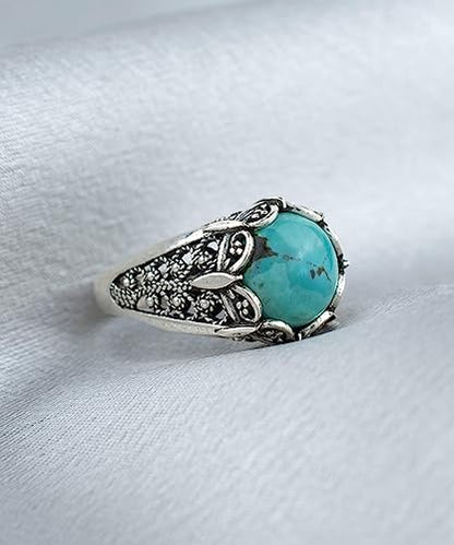 Filigranist 925 Sterling Silver Filigree Art Women Mini Dome Cocktail Ring with Gemstone, Gift Boxed - color: Turquoise