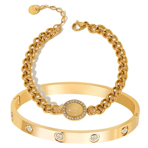 A D. ALLEN & DANMI. 18 K Gold Plated Love Bangle Bracelet Set Flexible Wide Wristband Bangle Bangle Set for Love - color: 2 Sests (Light Pink Stone)