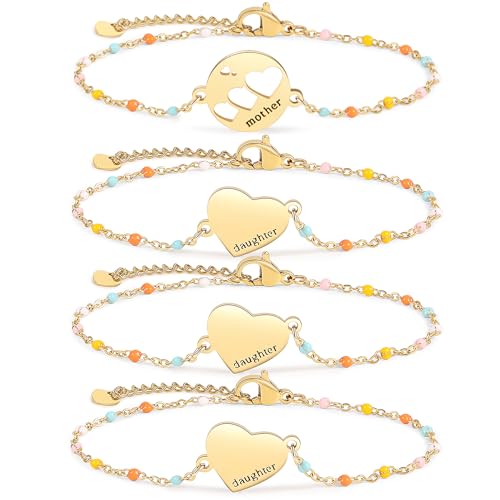 DS Mother Daughter Matching Bracelets,Adjustable Stainless Steel Gift Set | mother’s Day & Birthday Gift Box,Heart Charm,Mommy & Me Style,18K Gold Plated,Hypoallergenic,Daily Wear,Fits Women Teen Girls - color: Gold-7