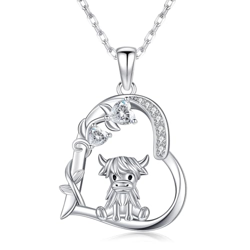 Heart Animal Necklace 925 Sterling Silver Cute Animal Pendant Jewelry Birthday Gifts for Women Girlfriend Mom Animal Lovers - style: 3-2 Highland Cow
