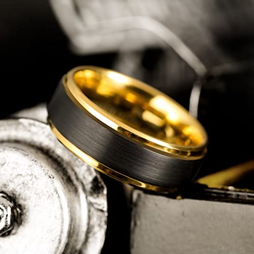 King Will Mens Brushed Wedding Band, Two Tone Matte Step Edges/Pipe Cut, Tungsten Carbide Anniversary Promise Rings Comfort Fit - color: Black&Gold-8mm