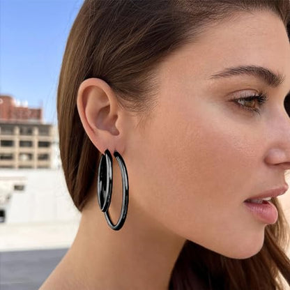 4mm Thick Gold Chunky Earrings Steling Silver Post Hoops Earrings For Women Hollow Tube Hoops Earrings Thick Gold Hoop Earrings Hypoallergenic Lightweight Gold Hoop Large Earrings 20/30/40/50/60MM - color: black,4*50mm